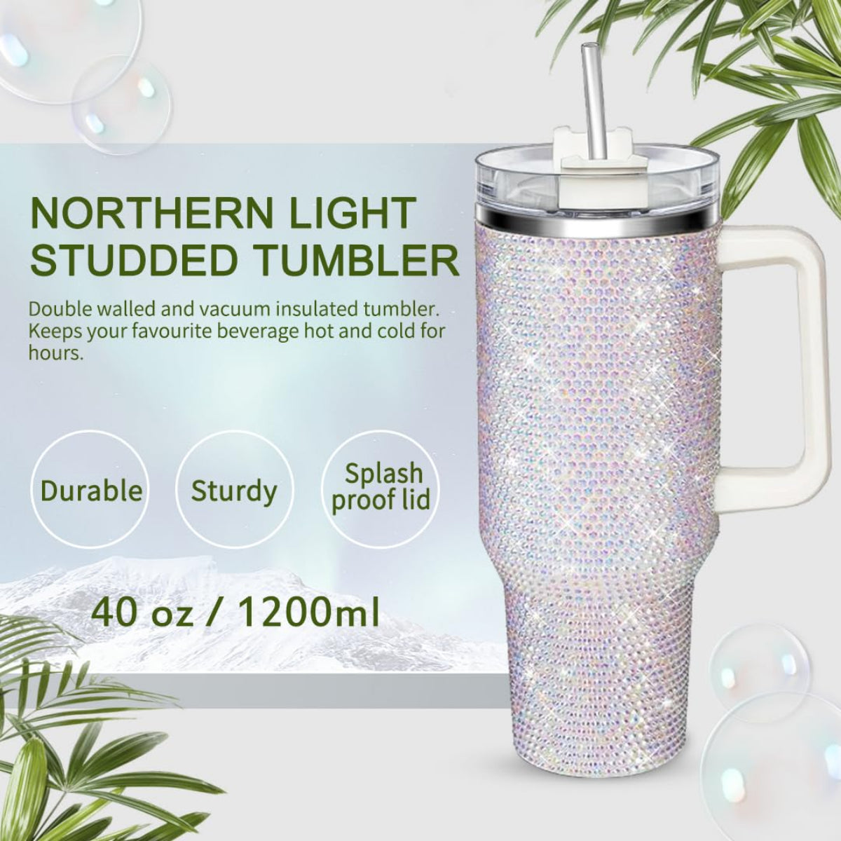 40 Oz Rhinestone Tumbler with Handle and Flip Straw | Insulated Stainless Steel Double Layer Bling Tumbler | Leak Proof Glitter Tumbler for Women | Reusable 1200ml Travel Bling Cups