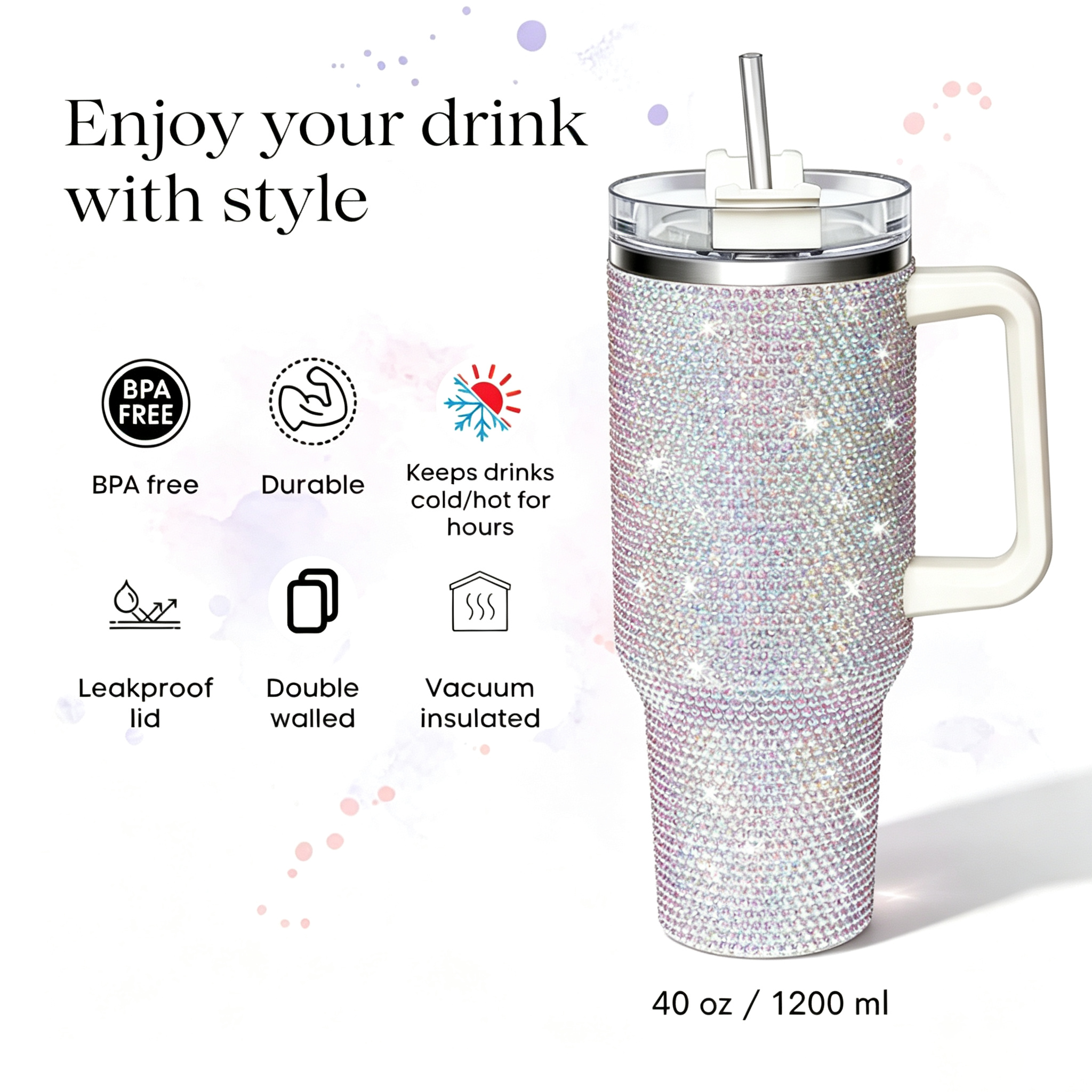 40 Oz Rhinestone Tumbler with Handle and Flip Straw | Insulated Stainless Steel Double Layer Bling Tumbler | Leak Proof Glitter Tumbler for Women | Reusable 1200ml Travel Bling Cups
