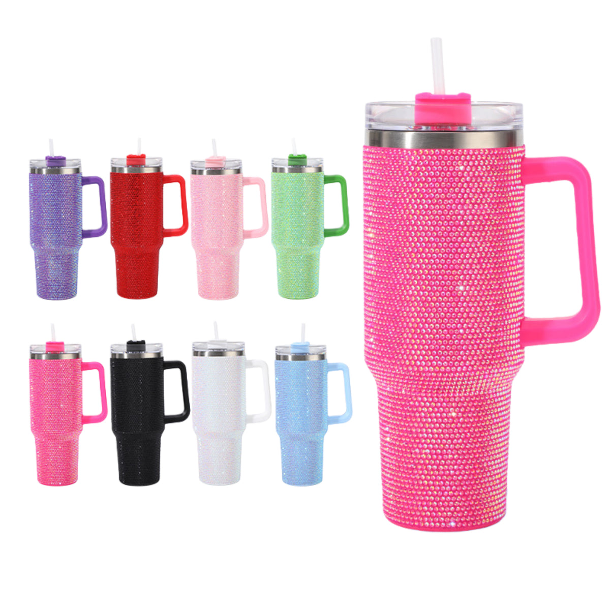 40 Oz Rhinestone Tumbler with Handle and Flip Straw | Insulated Stainless Steel Double Layer Bling Tumbler | Leak Proof Glitter Tumbler for Women | Reusable 1200ml Travel Bling Cups