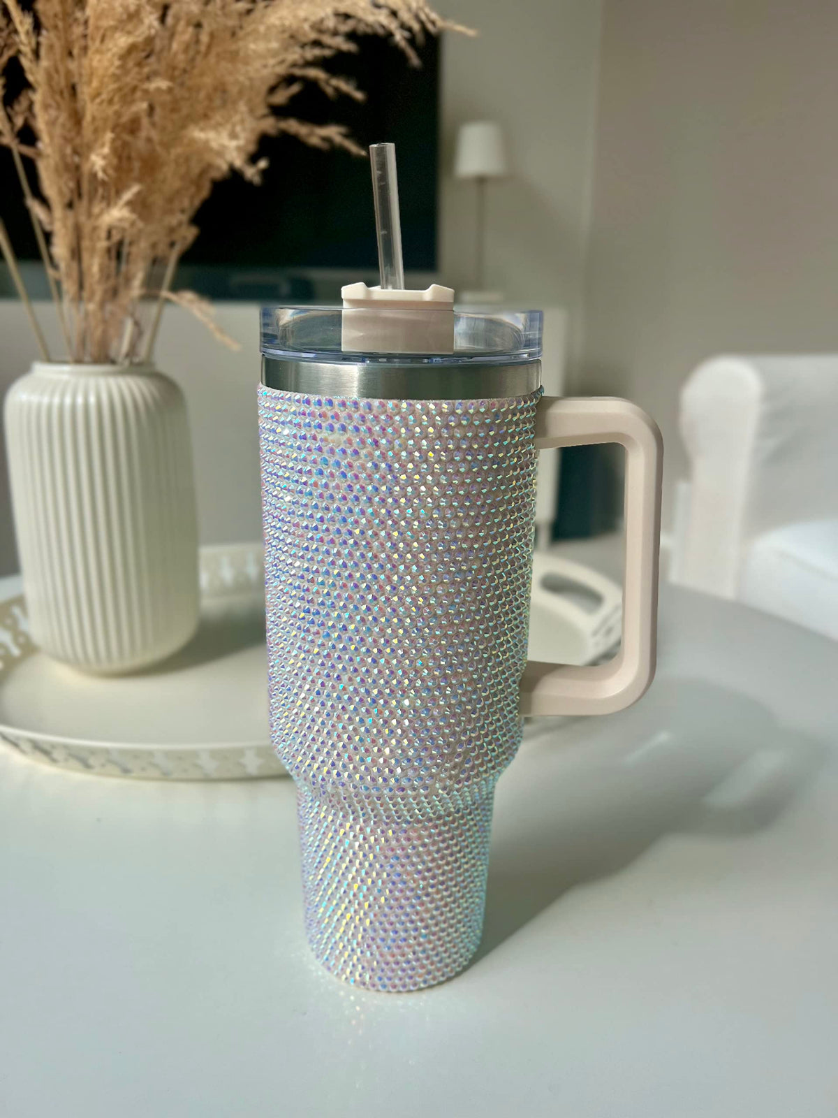 40 Oz Rhinestone Tumbler with Handle and Flip Straw | Insulated Stainless Steel Double Layer Bling Tumbler | Leak Proof Glitter Tumbler for Women | Reusable 1200ml Travel Bling Cups