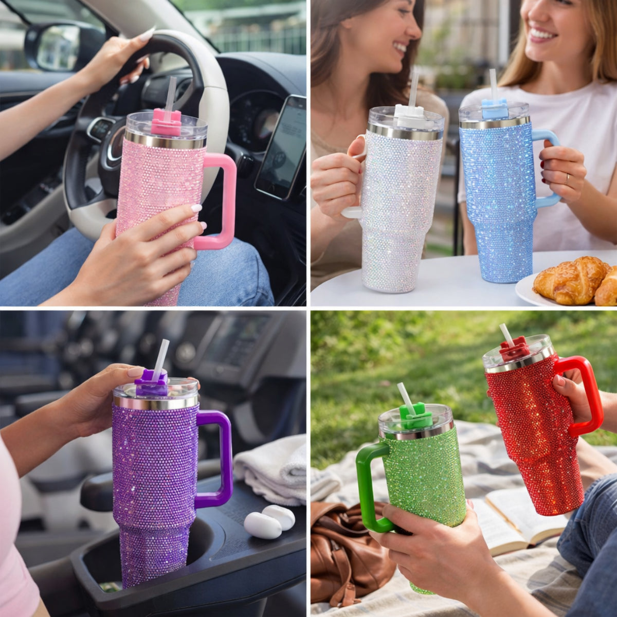 40 Oz Rhinestone Tumbler with Handle and Flip Straw | Insulated Stainless Steel Double Layer Bling Tumbler | Leak Proof Glitter Tumbler for Women | Reusable 1200ml Travel Bling Cups